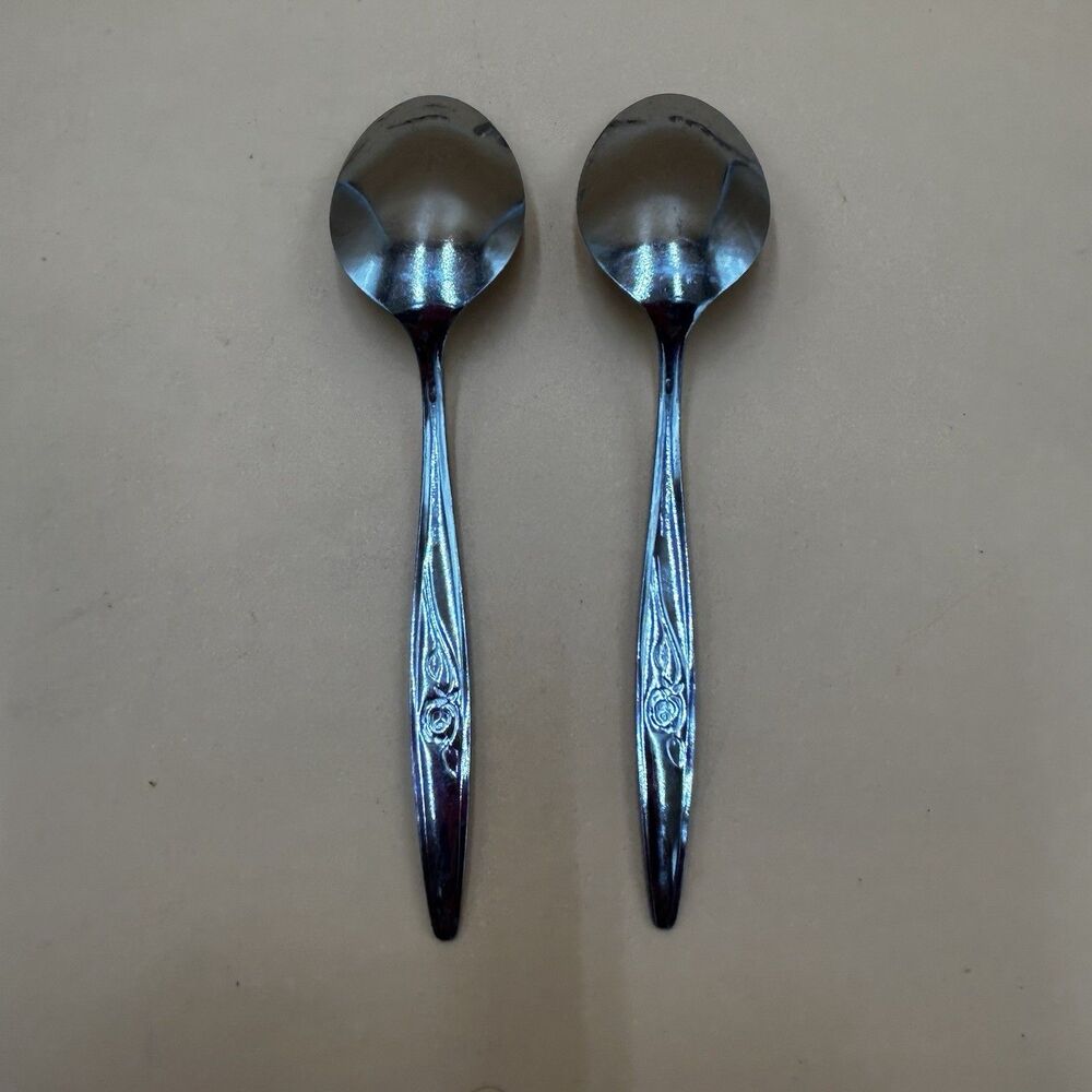 Lot of 2 Pieces Utica Satin Rose Flatware Stainless VTG USA Japan Dinner Spoons